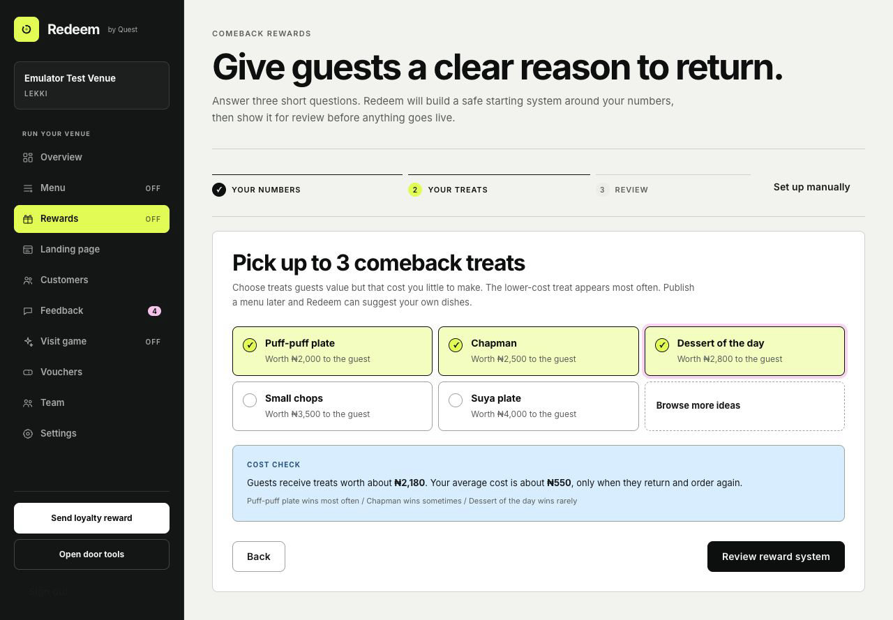 Redeem rewards setup showing a selection of affordable treats and their estimated value and cost.