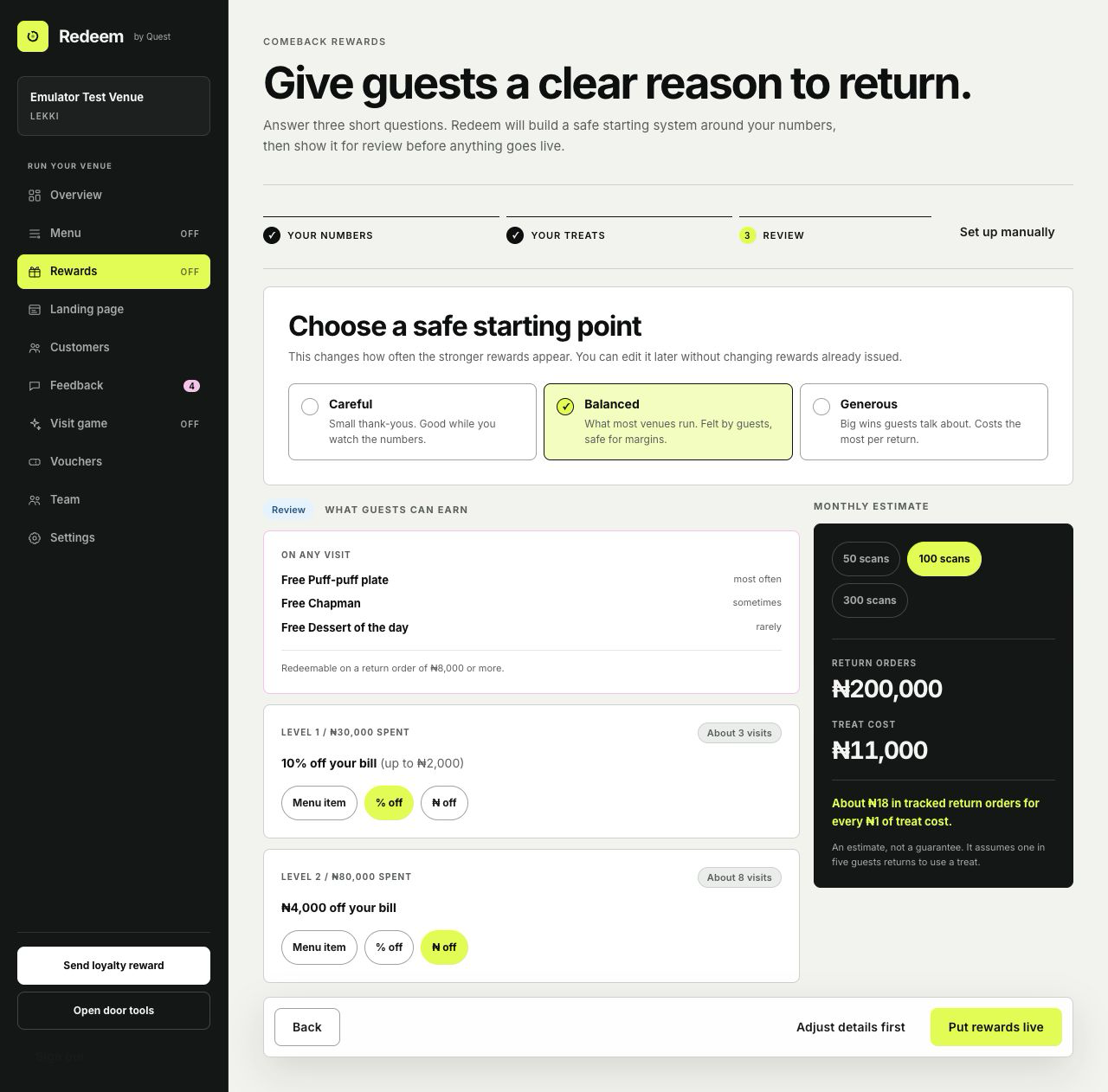 Redeem rewards review showing generosity choices, everyday rewards, spend levels and a monthly estimate.
